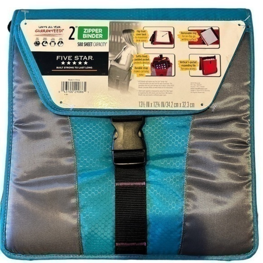 BACK TO SCHOOL -  Mead Five Star 2” Zipper Binder w/Strap - Teal/Gray/Pink - NWT